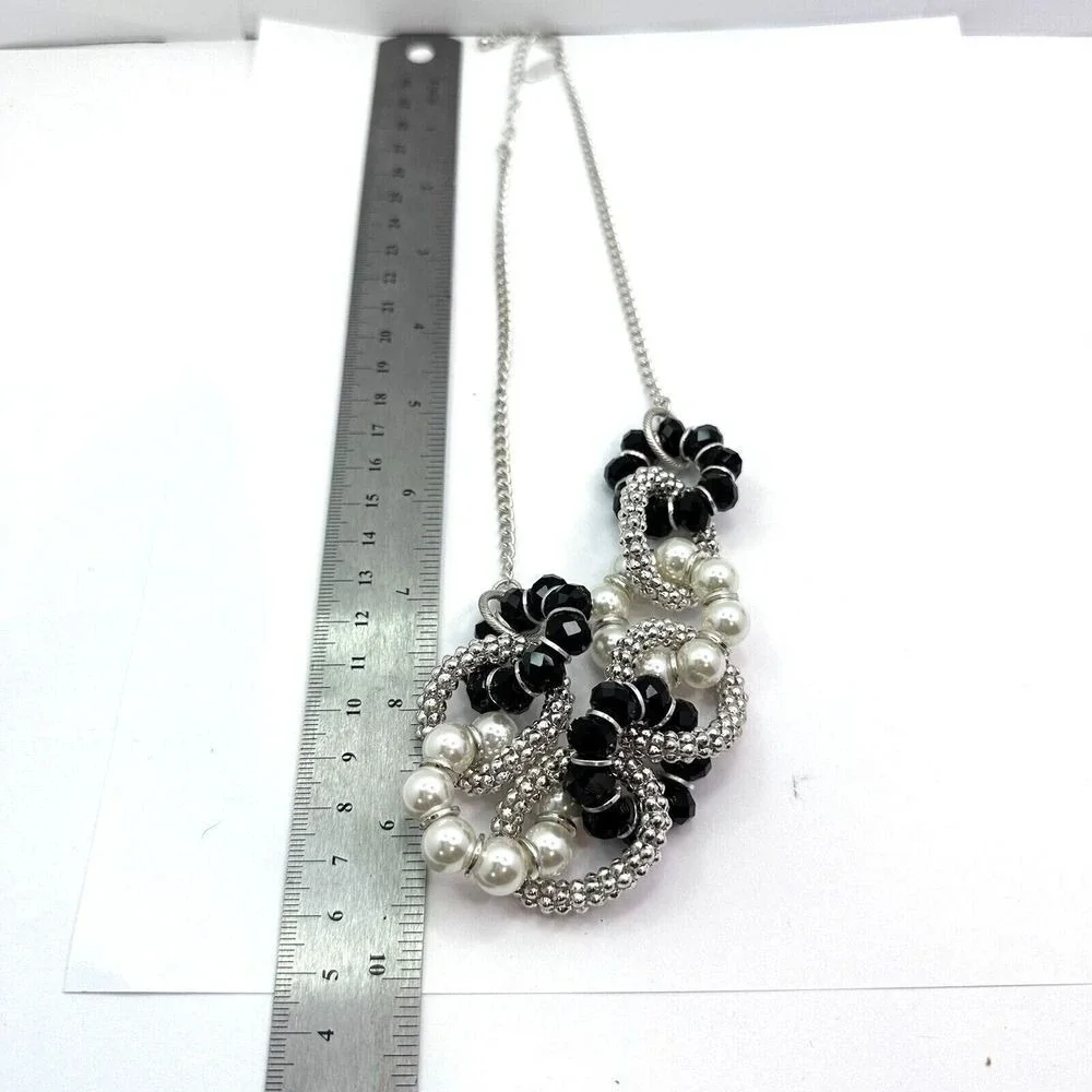 New York & Company Silver Tone Faux Pearl Black Beaded Bib‎ Statement Necklace